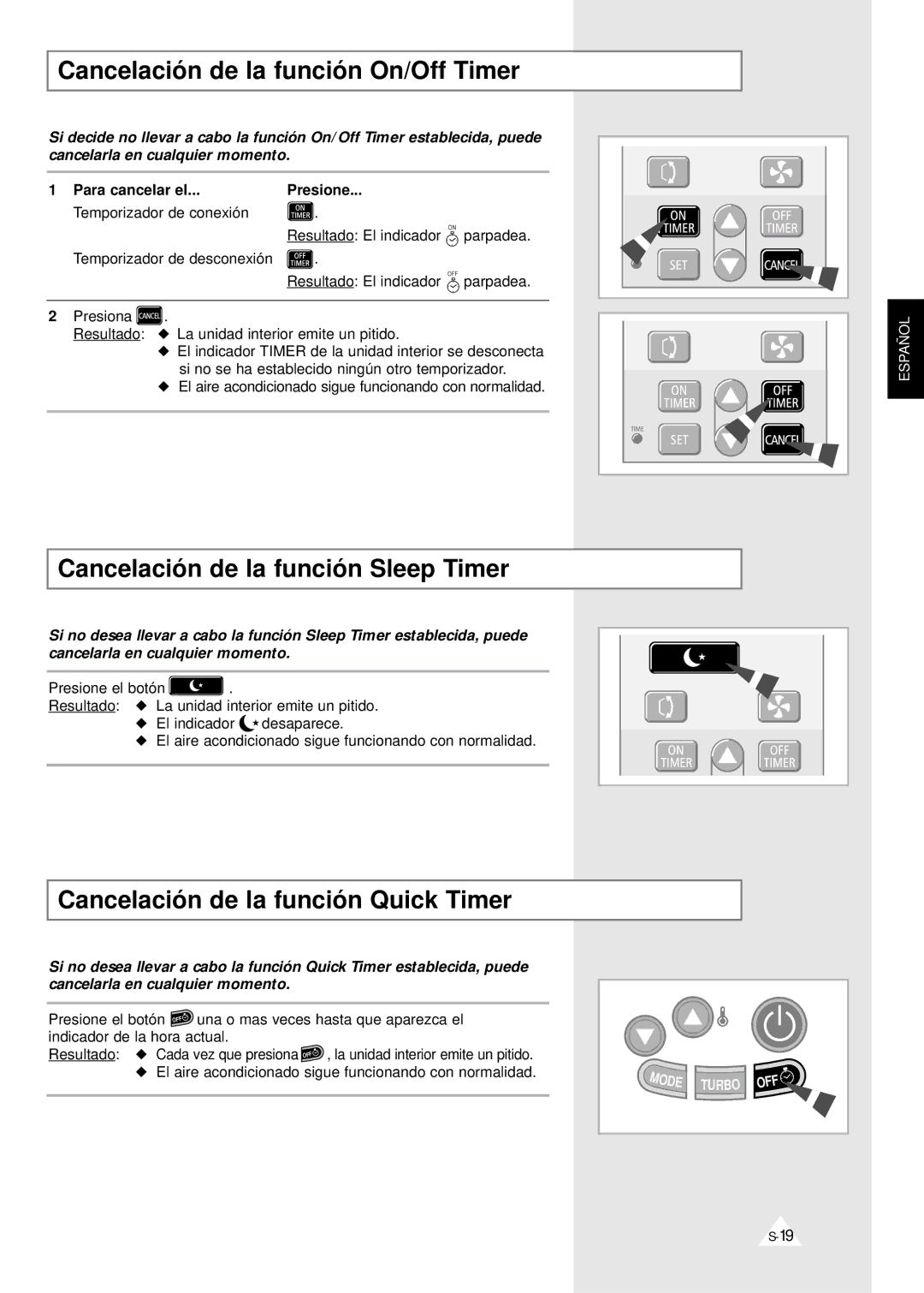 Samsung IAQT24A1QE/XEP, SH24ZV/XEF manual Cancelación de la función On/Off Timer, Cancelación de la función Sleep Timer 