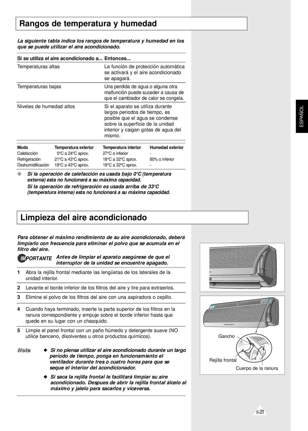 Samsung XUQT24A1QE/XEP, SH24ZV/XEF, IAQT24A1QE/XEP manual Rangos de temperatura y humedad, Limpieza del aire acondicionado 