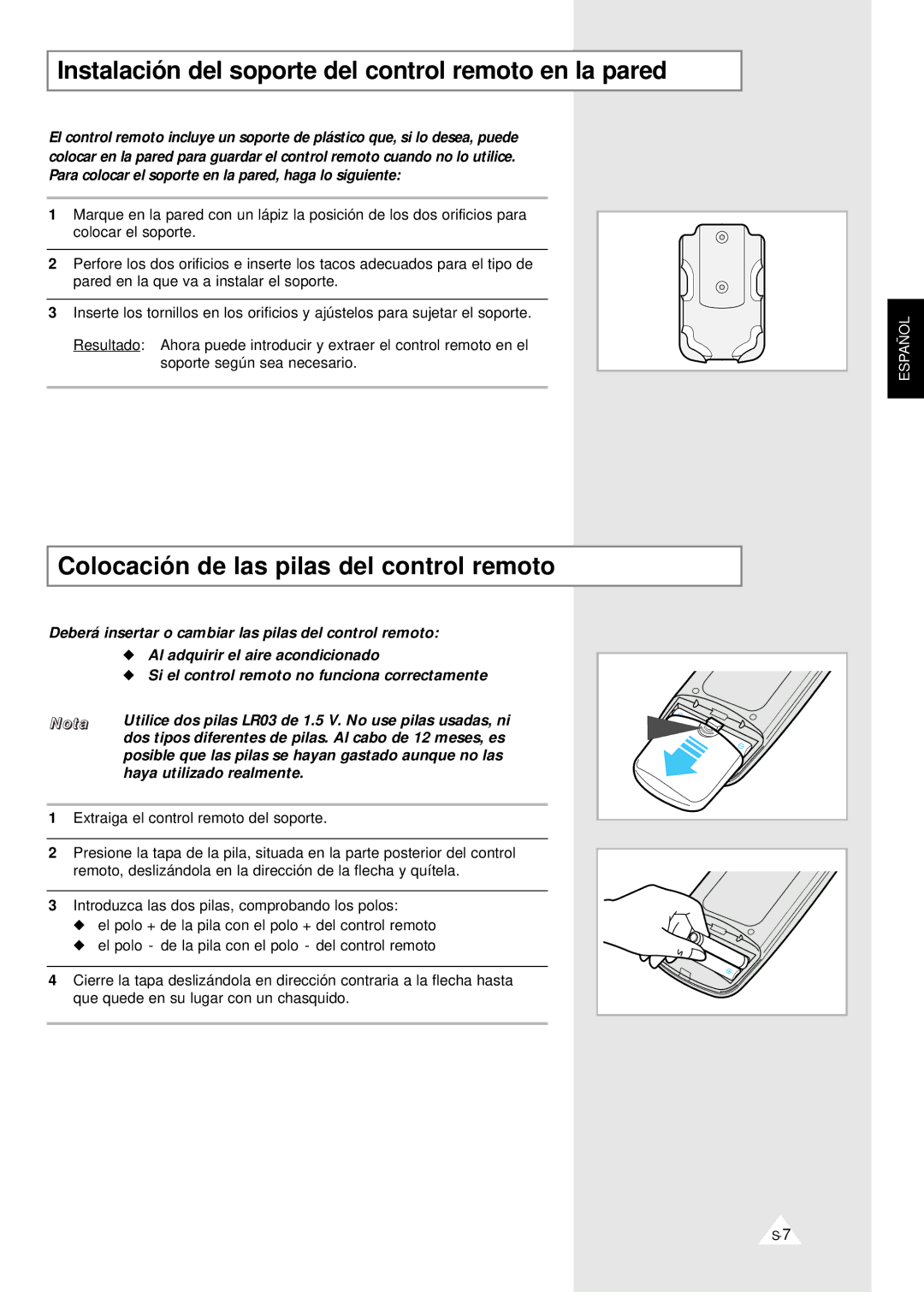 Samsung IAQT24A1QE/XEC Instalación del soporte del control remoto en la pared, Colocación de las pilas del control remoto 