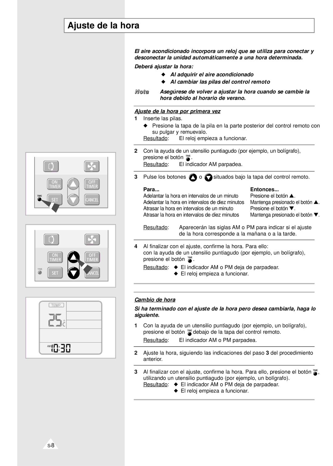 Samsung IAQ18A1QE/XEC, SH24ZV/XEF, IAQT24A1QE/XEP, IAQ18A1QE/XEP, XUQT24A1QE/XEP manual Ajuste de la hora, Para Entonces 