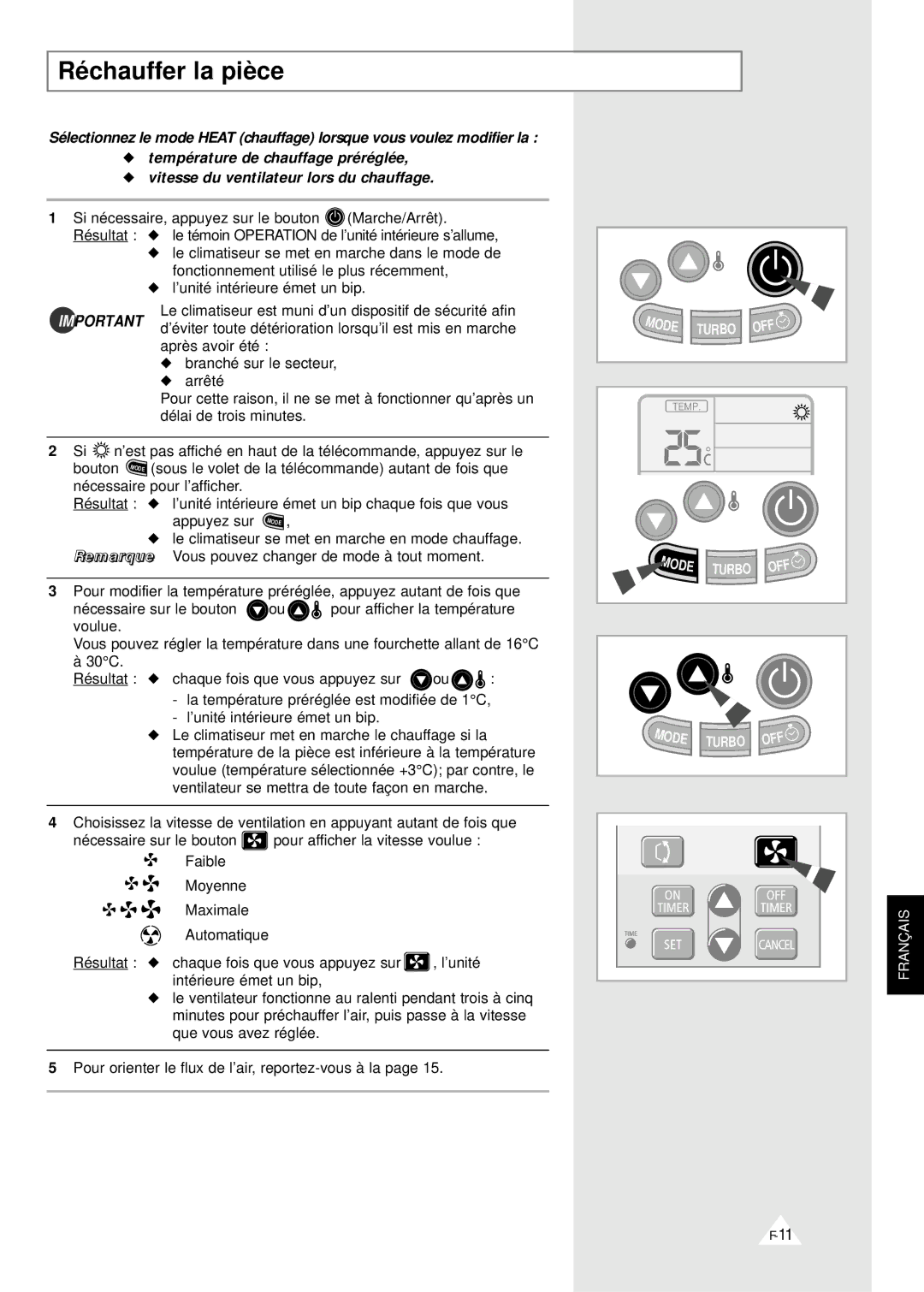 Samsung XSH24ZV/XEF, XSH18ZV/XEF manual Réchauffer la pièce 