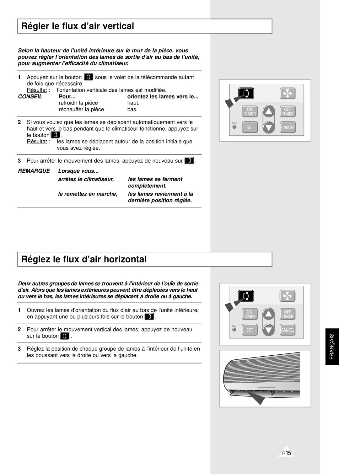 Samsung XSH24ZV/XEF, XSH18ZV/XEF manual Régler le flux d’air vertical, Réglez le flux d’air horizontal, Pour 