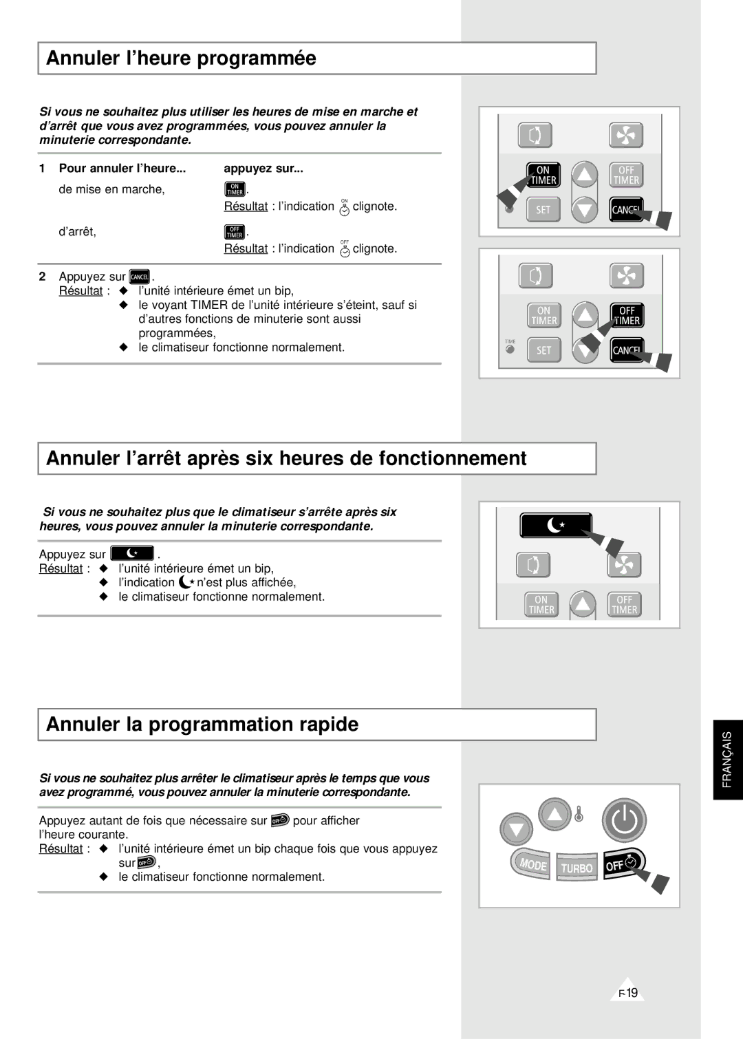 Samsung XSH24ZV/XEF, XSH18ZV/XEF manual Annuler l’heure programmée, Annuler l’arrêt après six heures de fonctionnement 