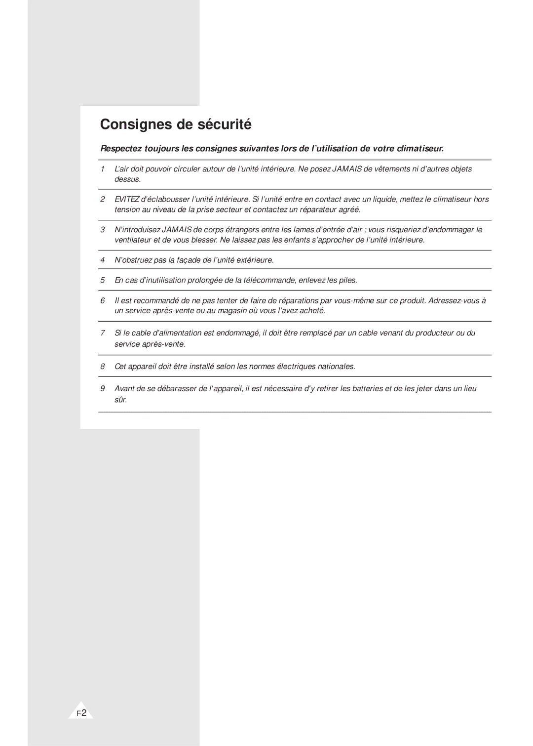 Samsung XSH18ZV/XEF, XSH24ZV/XEF manual Consignes de sécurité 