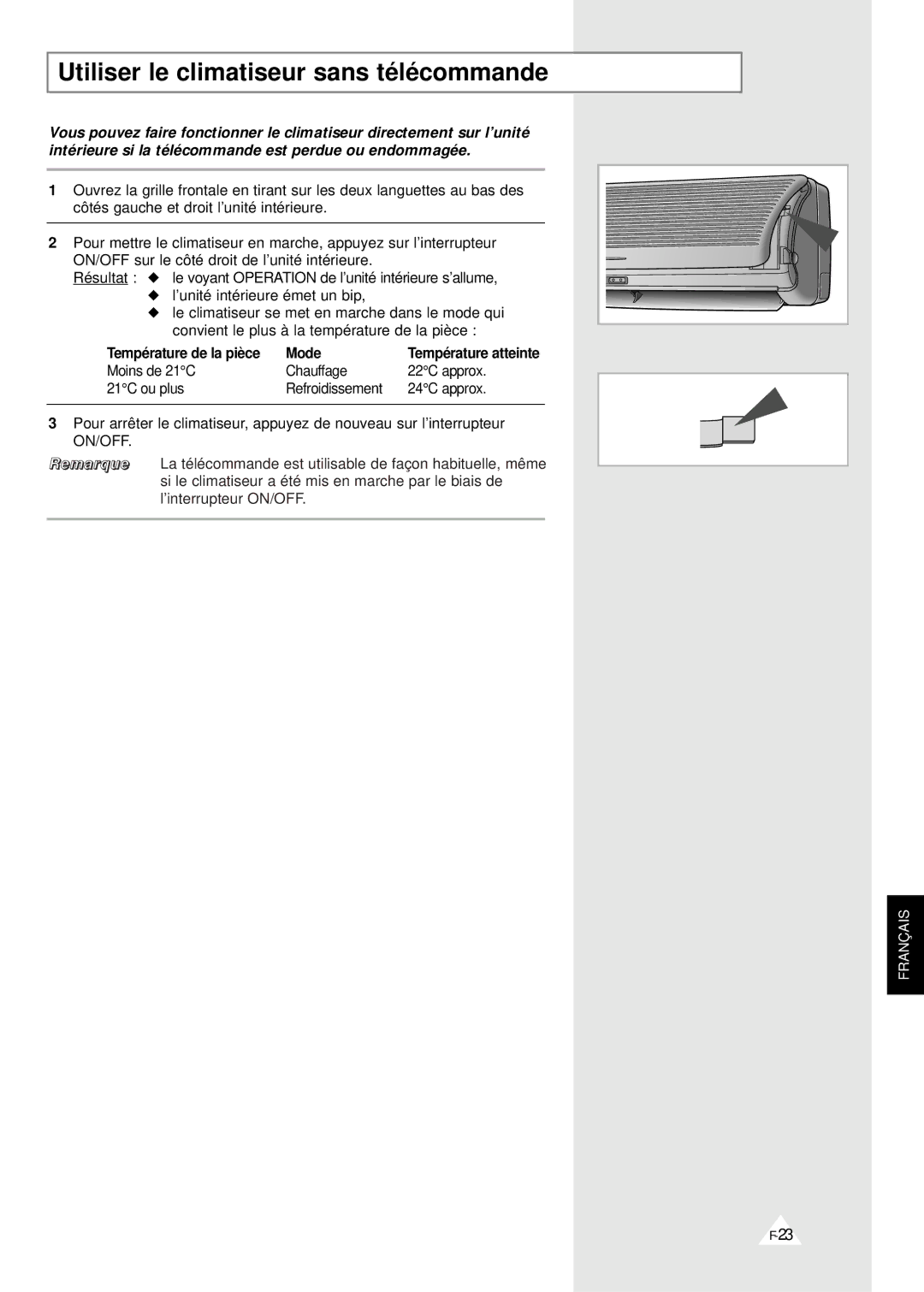 Samsung XSH24ZV/XEF, XSH18ZV/XEF manual Utiliser le climatiseur sans télécommande 