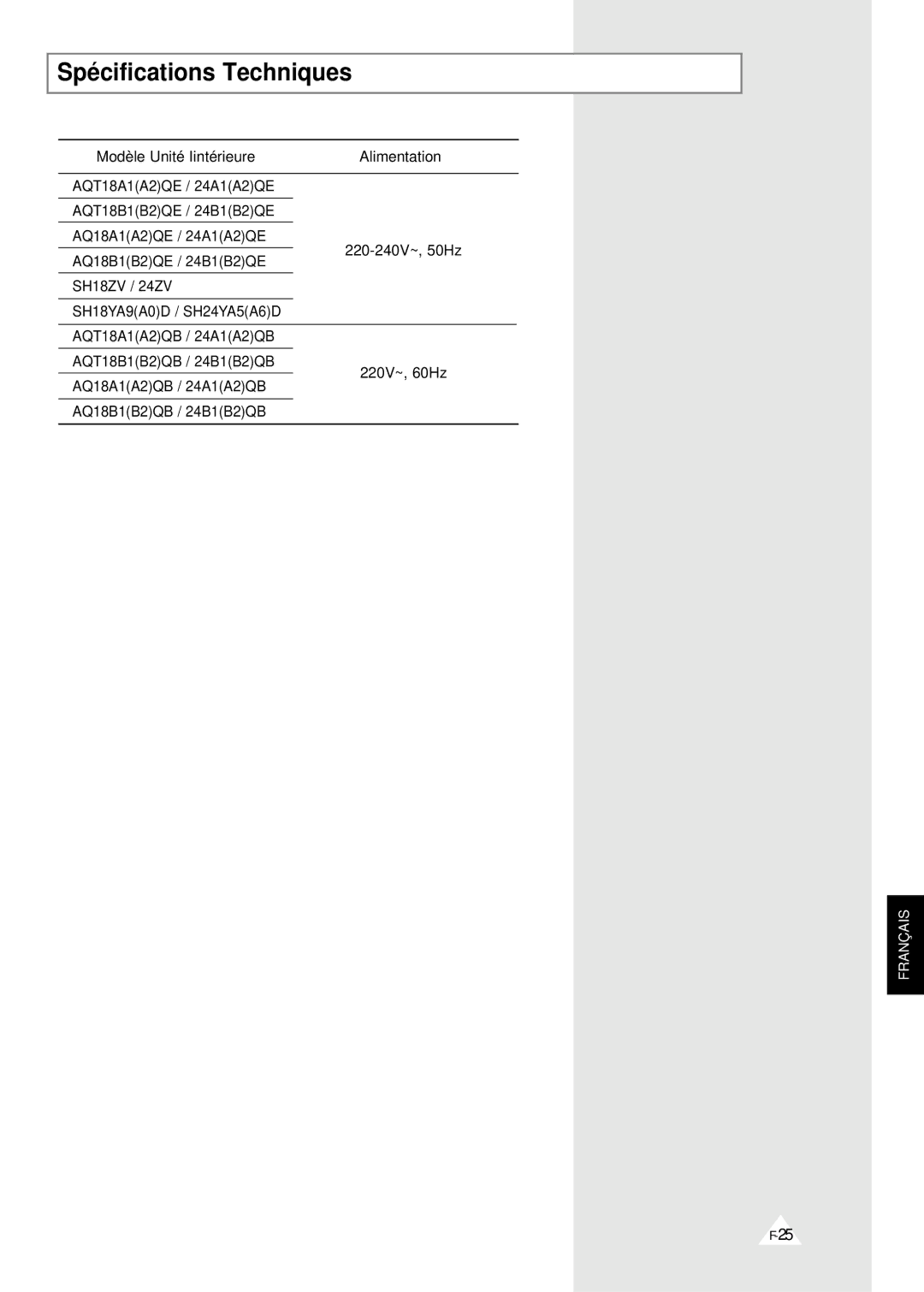 Samsung XSH18ZV/XEF, XSH24ZV/XEF manual Spécifications Techniques 