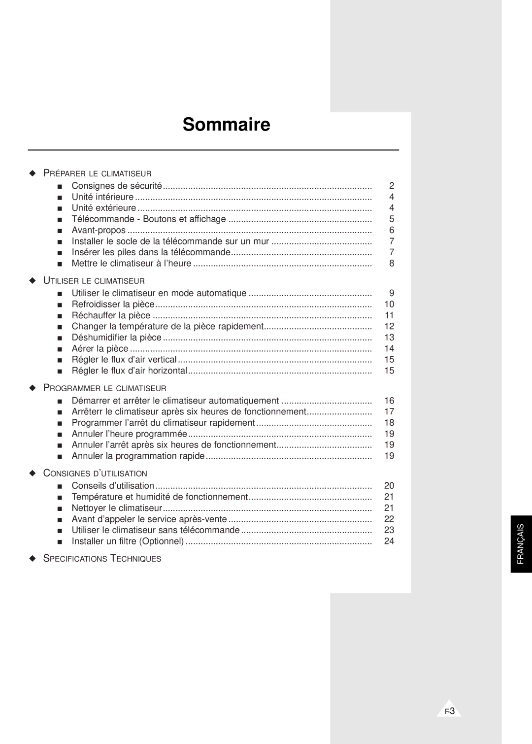 Samsung XSH24ZV/XEF, XSH18ZV/XEF manual Sommaire 