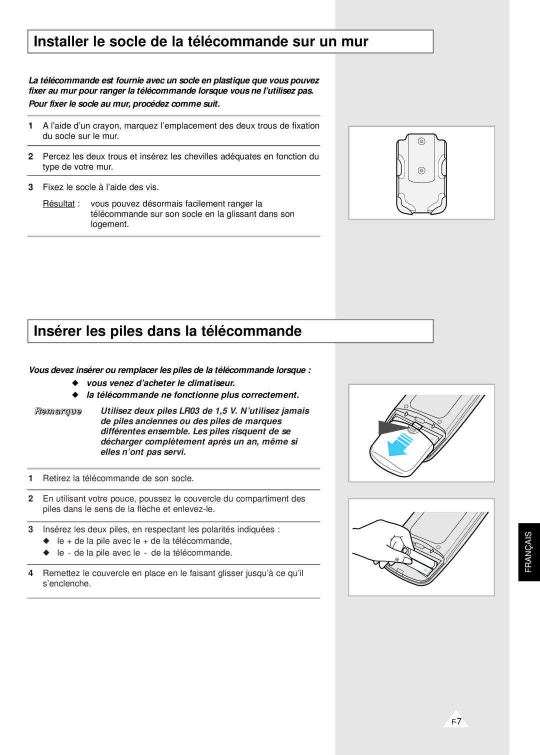 Samsung XSH24ZV/XEF, XSH18ZV/XEF Installer le socle de la télécommande sur un mur, Insérer les piles dans la télécommande 