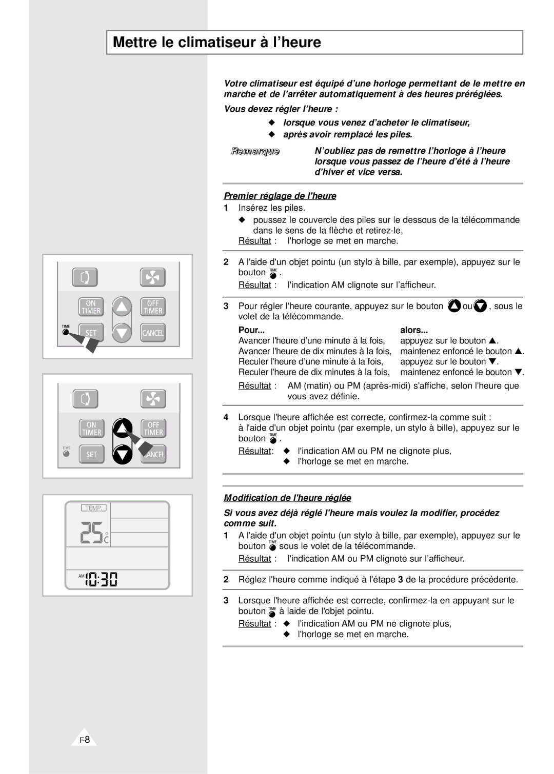 Samsung XSH18ZV/XEF, XSH24ZV/XEF manual Mettre le climatiseur à l’heure, Pour Alors 