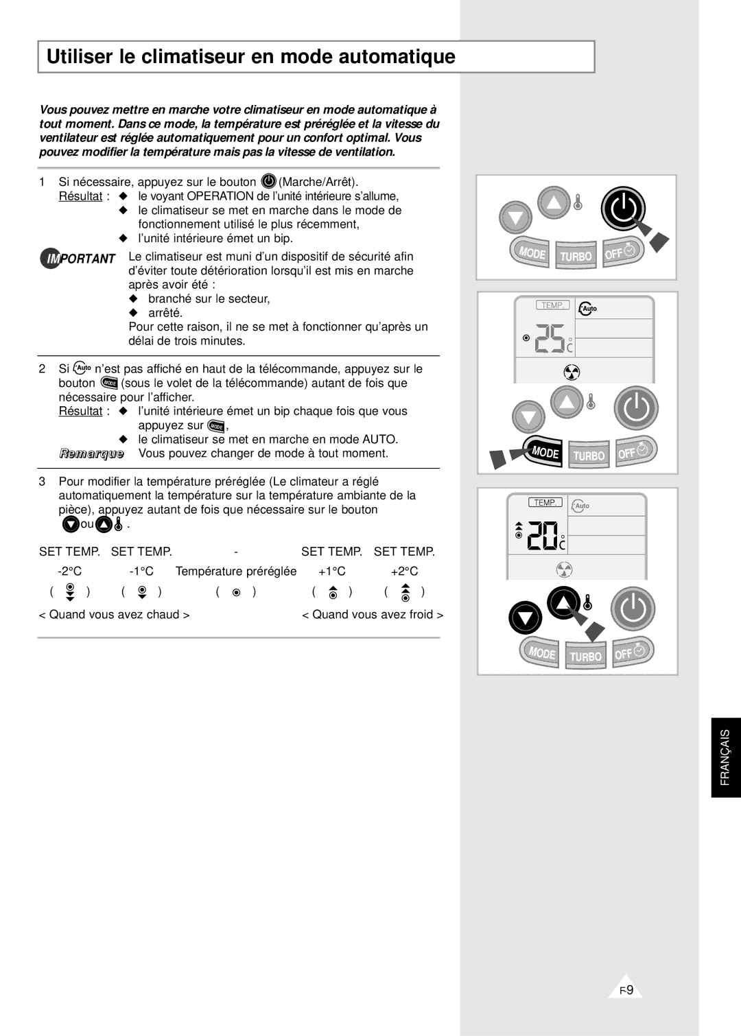 Samsung XSH18ZV/XEF, XSH24ZV/XEF manual Utiliser le climatiseur en mode automatique 