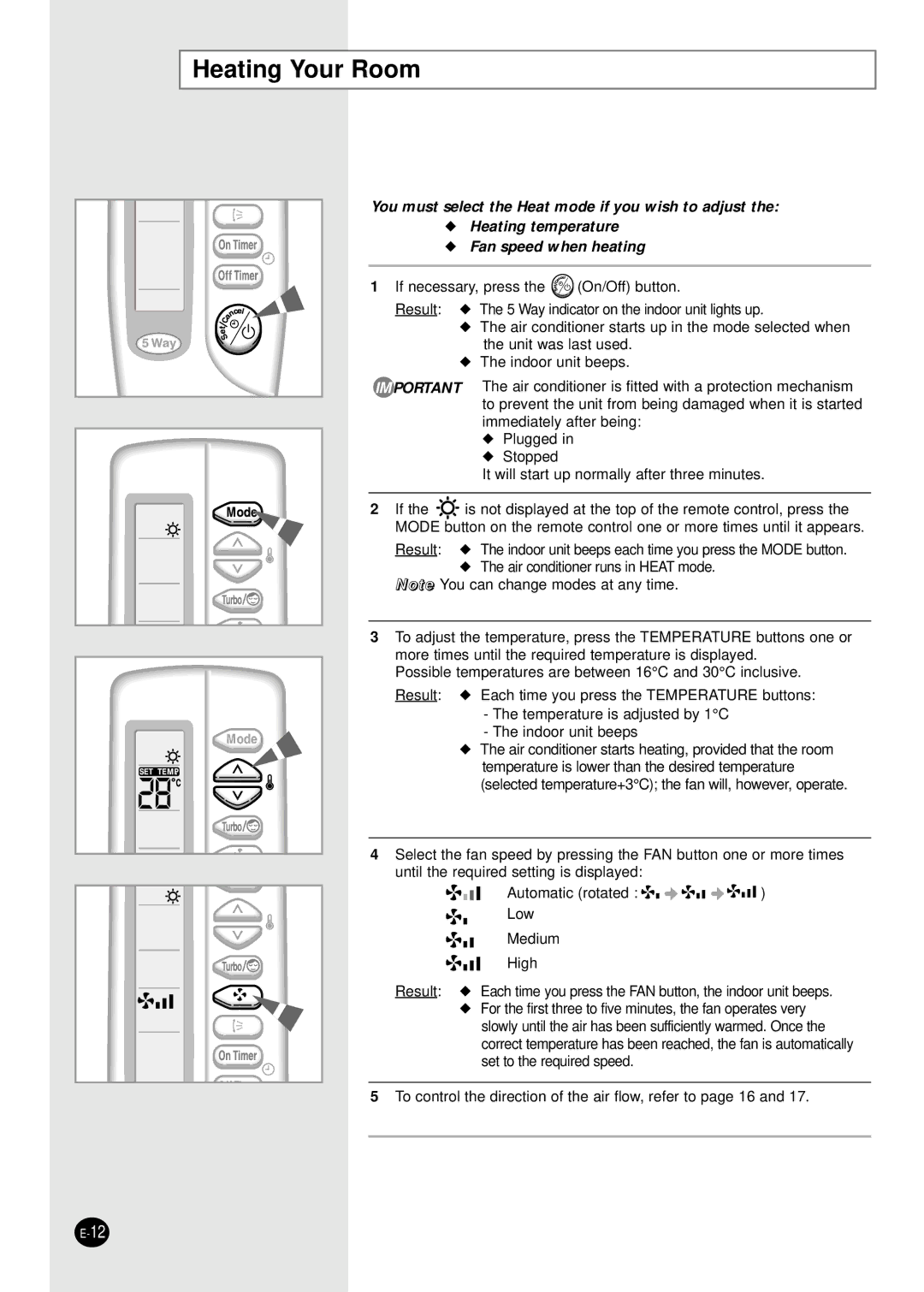 Samsung SH30ZC2D/SER, SH30ZC2D/XFO manual Heating Your Room, Fan speed when heating 