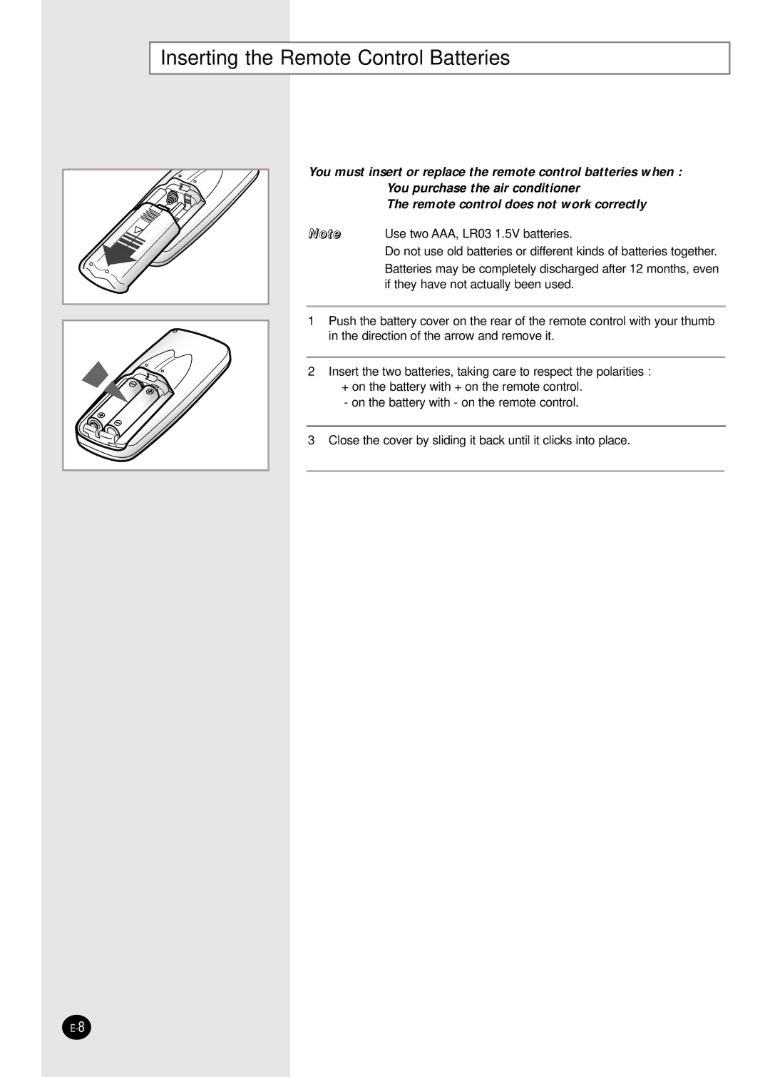 Samsung SH30ZC2D/SER, SH30ZC2D/XFO manual Inserting the Remote Control Batteries 