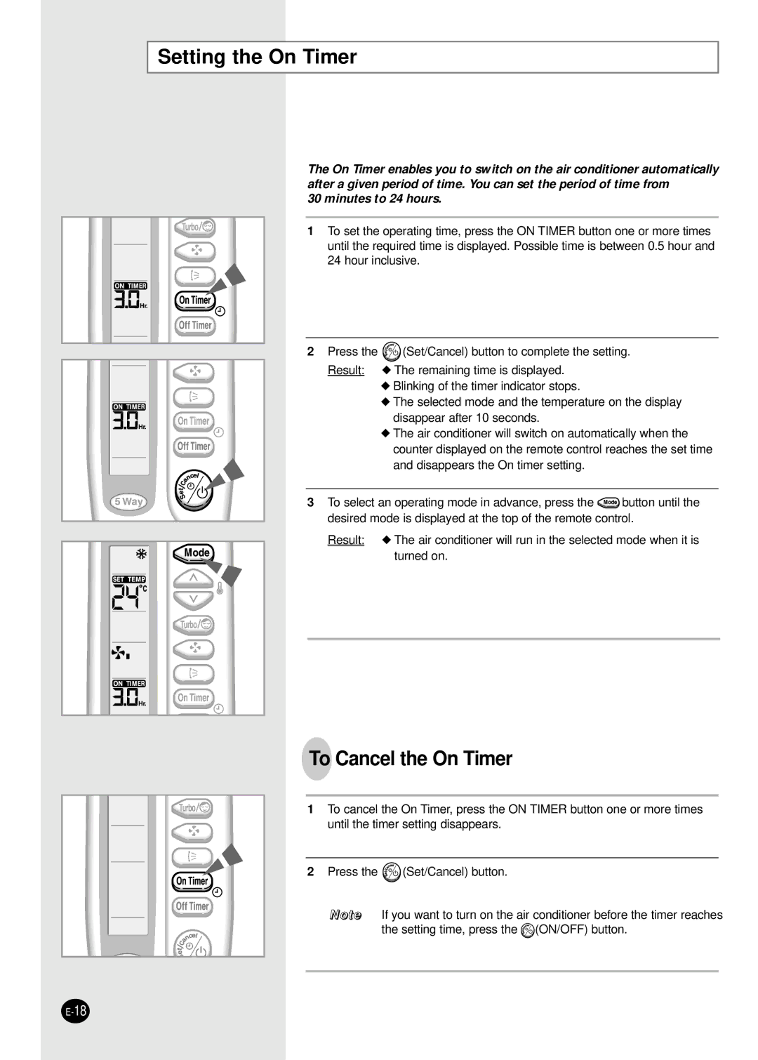 Samsung SH30ZC2D/XFO manual Setting the On Timer, To Cancel the On Timer 