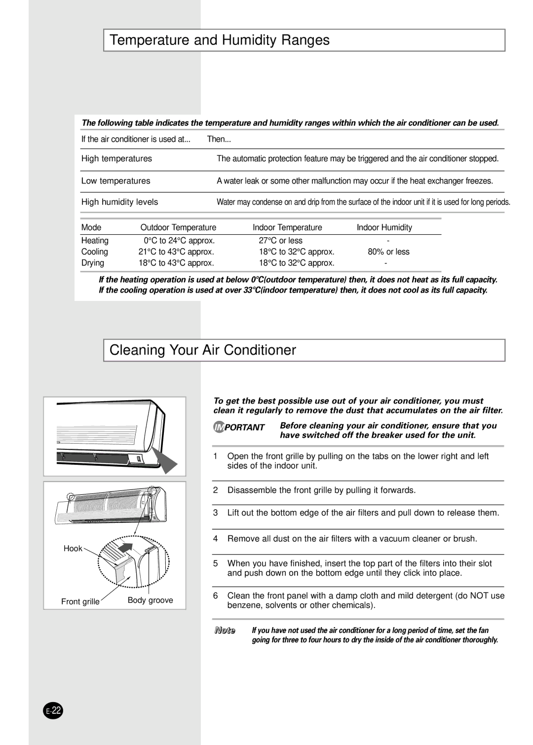 Samsung SH30ZC2/XFO, SH30ZC2/XSA, SH30ZC2X/XSA, SH30ZC2/SEK Temperature and Humidity Ranges, Cleaning Your Air Conditioner 