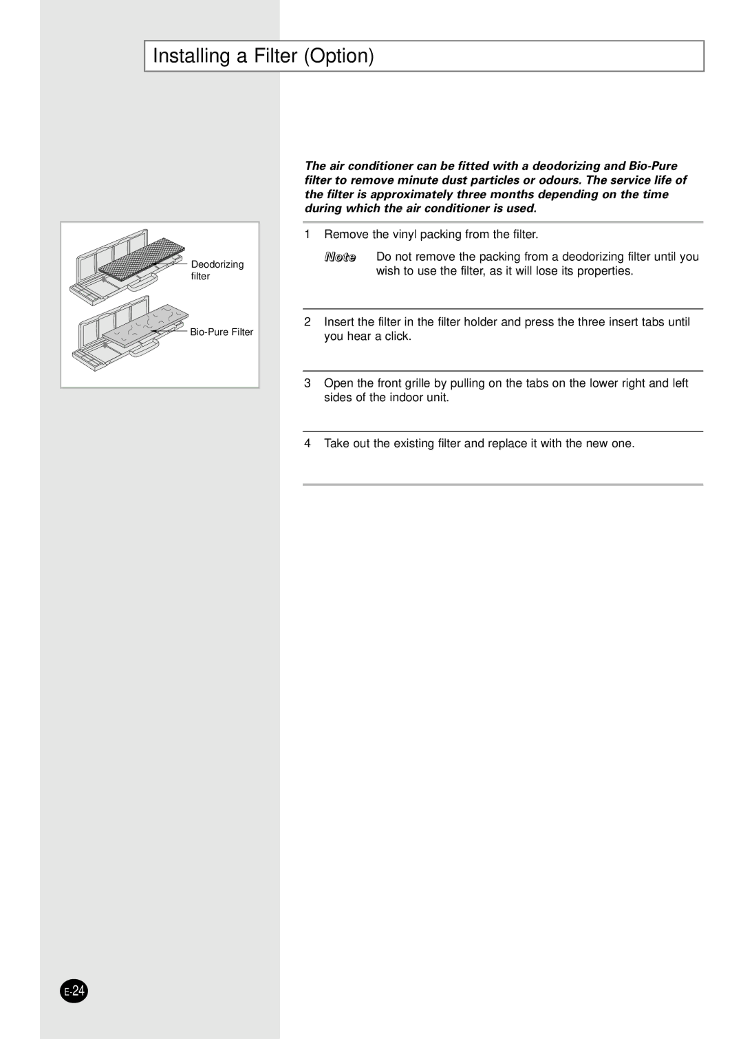 Samsung SH30ZC2/XSA, SH30ZC2X/XSA, SH30ZC2/SEK, SH30ZC2/SER, SH30ZC2X/SEK, SH30ZC2/XFO, SH30ZC2-XFO Installing a Filter Option 