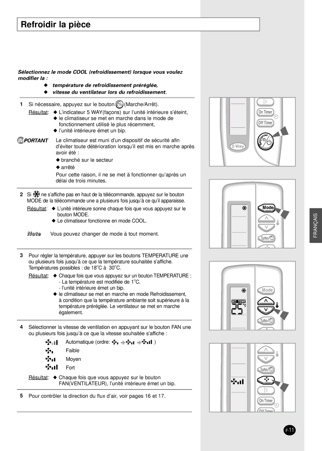 Samsung SH30ZC2X/XSA, SH30ZC2/XSA manual Refroidir la pièce 