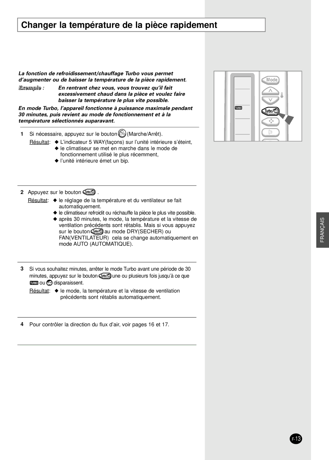 Samsung SH30ZC2X/XSA, SH30ZC2/XSA manual Changer la température de la pièce rapidement 