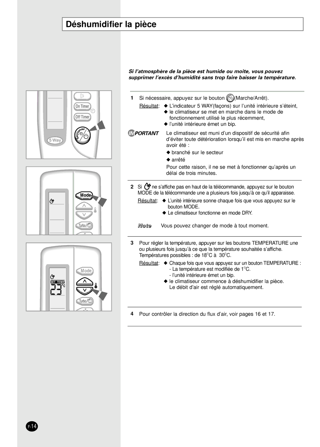 Samsung SH30ZC2/XSA, SH30ZC2X/XSA manual Déshumidifier la pièce 