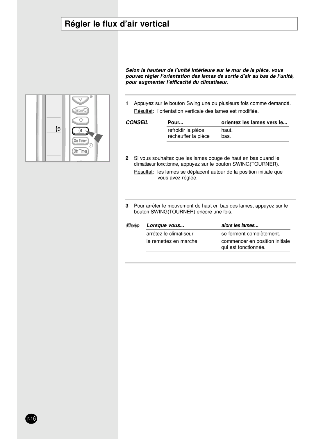 Samsung SH30ZC2/XSA, SH30ZC2X/XSA manual Régler le flux d’air vertical, Conseil 