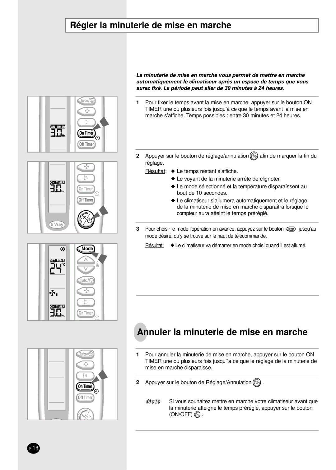 Samsung SH30ZC2/XSA, SH30ZC2X/XSA manual Régler la minuterie de mise en marche, Annuler la minuterie de mise en marche 