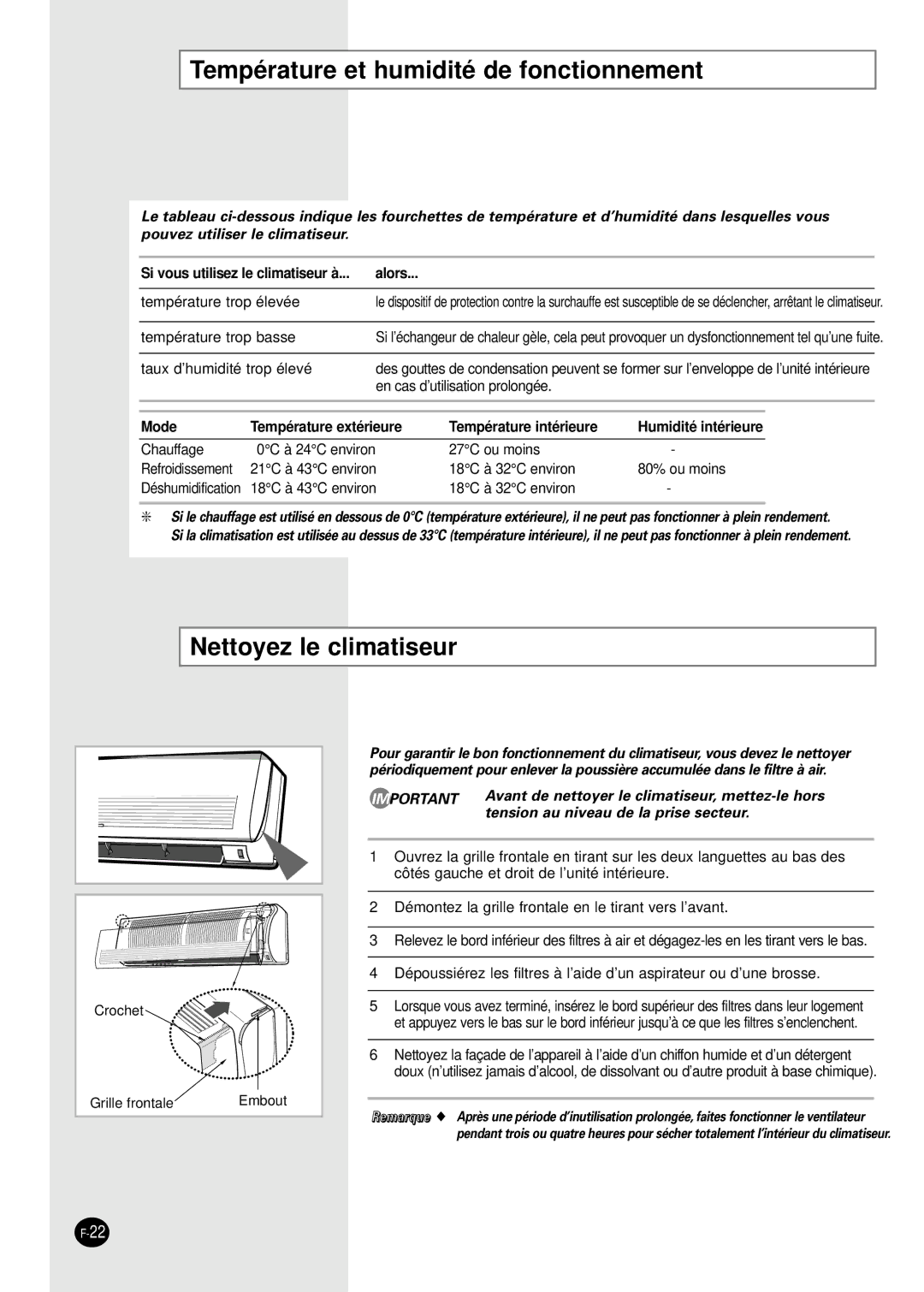 Samsung SH30ZC2/XSA, SH30ZC2X/XSA manual Température et humidité de fonctionnement, Nettoyez le climatiseur 