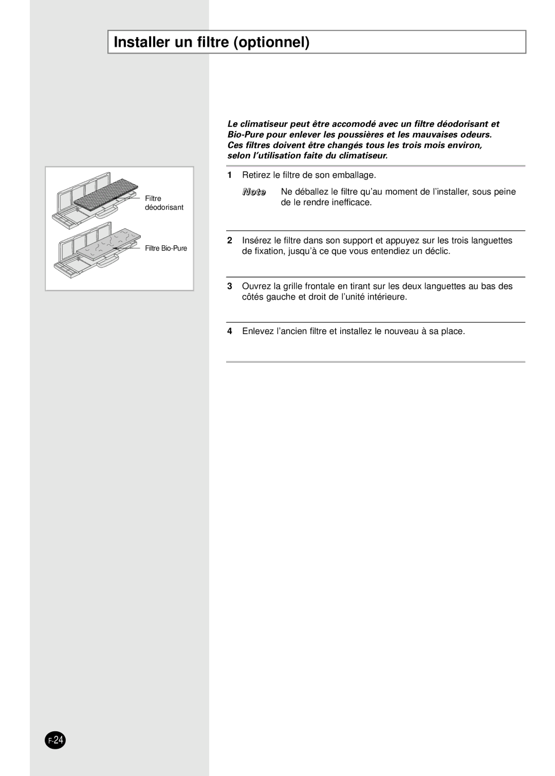 Samsung SH30ZC2/XSA, SH30ZC2X/XSA manual Installer un filtre optionnel 