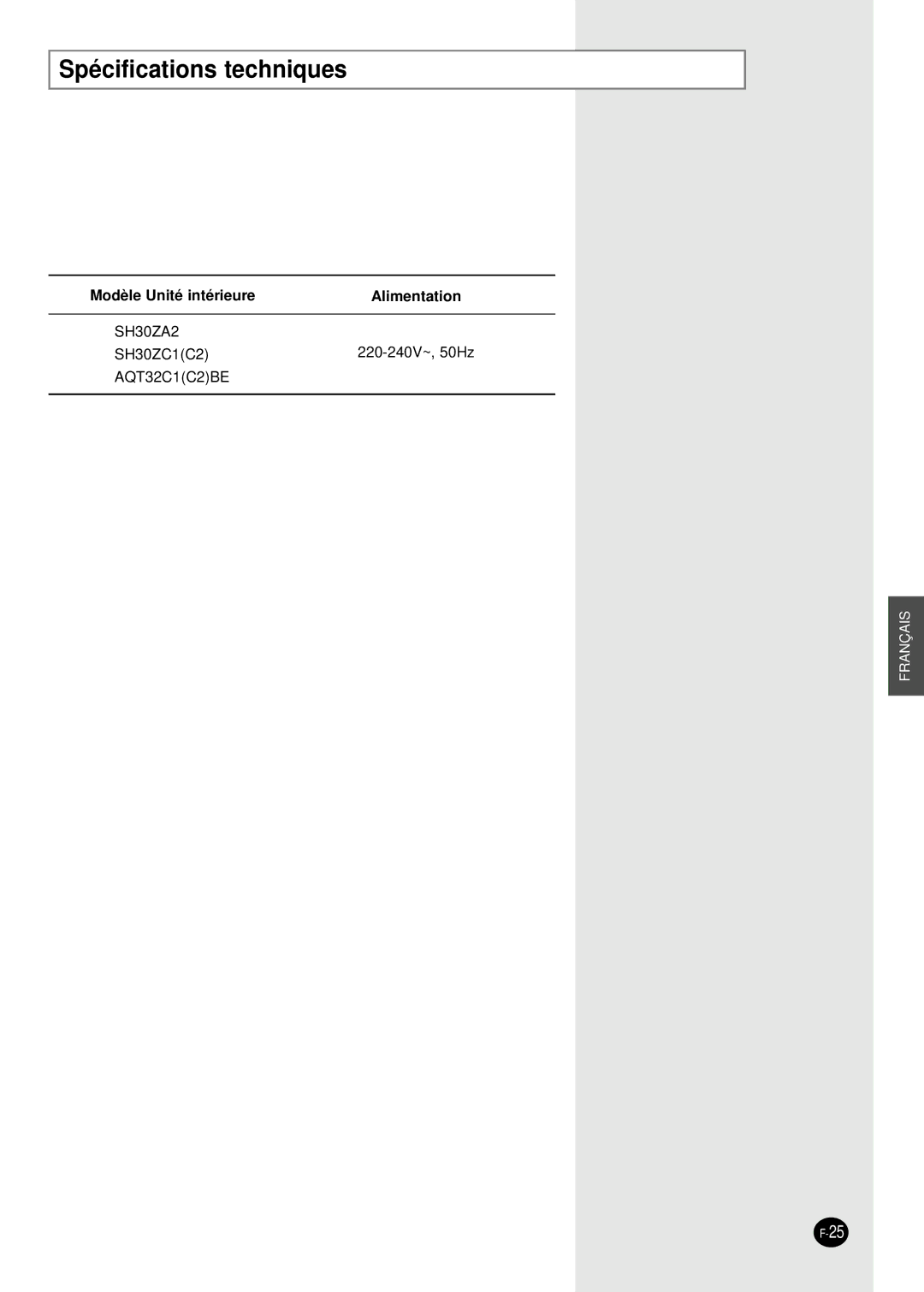 Samsung SH30ZC2X/XSA, SH30ZC2/XSA manual Spécifications techniques 