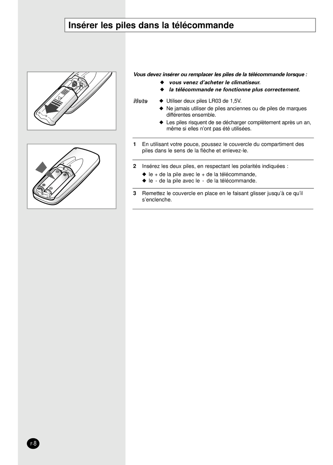 Samsung SH30ZC2/XSA, SH30ZC2X/XSA manual Insérer les piles dans la télécommande 