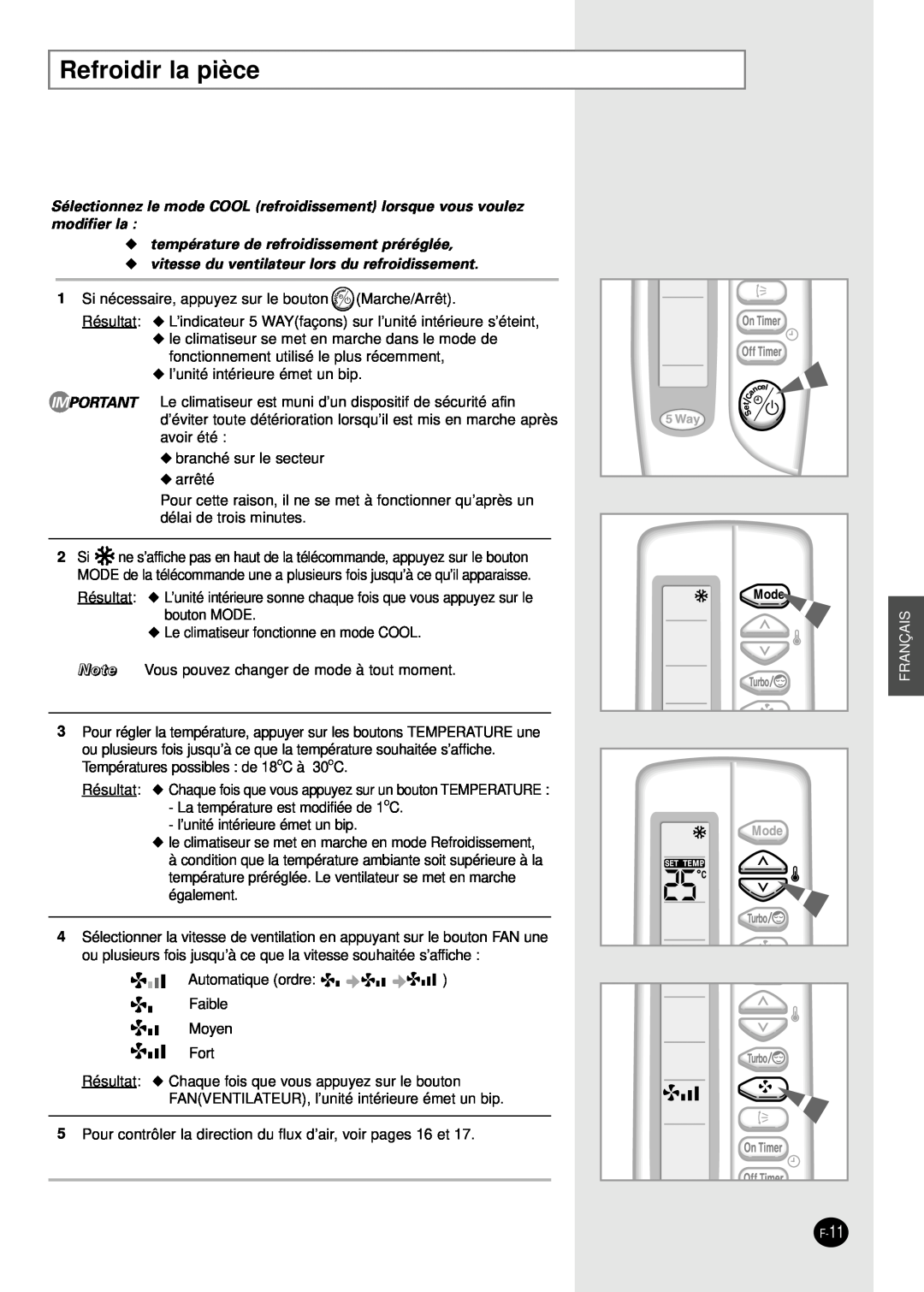 Samsung SH30ZC2X/XSA, SH30ZC2/XSA manual Refroidir la pièce, température de refroidissement préréglée, Franç Ais 