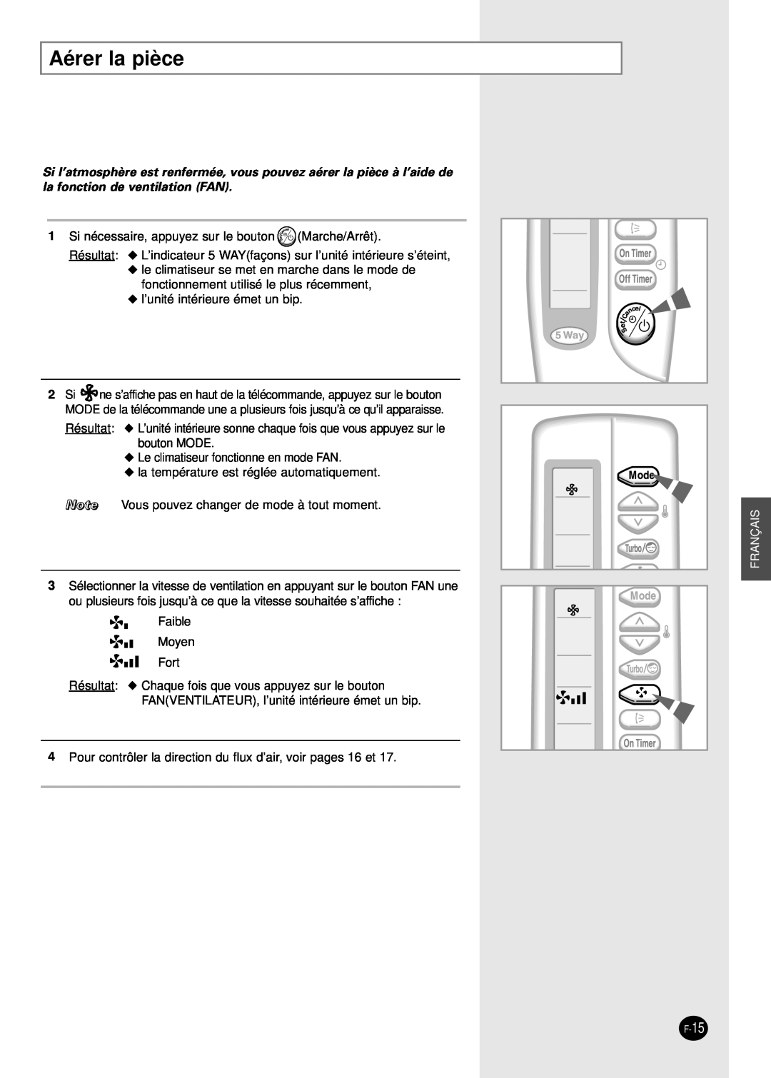 Samsung SH30ZC2X/XSA, SH30ZC2/XSA manual Aérer la pièce, Franç Ais, F-15 