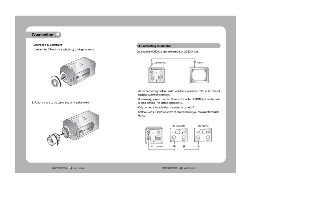 Samsung SHC-730N/P instruction manual Connecting to Monitor, Mounting a C-Mount lens 