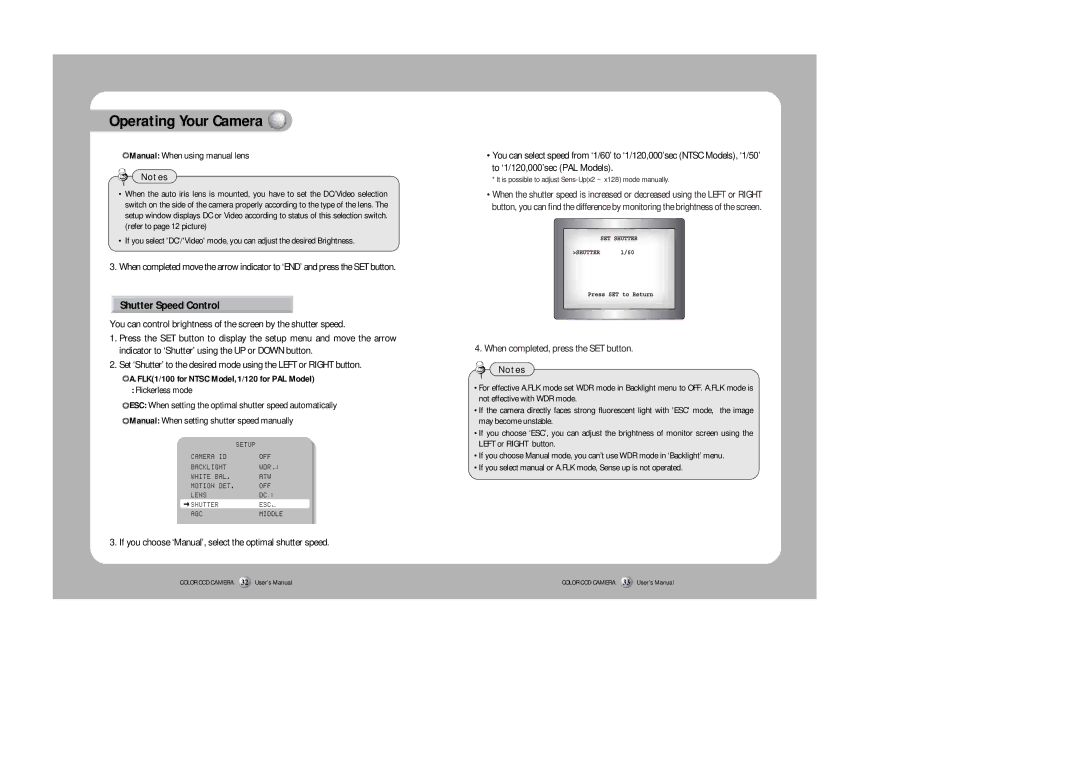 Samsung SHC-730N/P instruction manual Shutter Speed Control, FLK1/100 for Ntsc Model,1/120 for PAL Model 