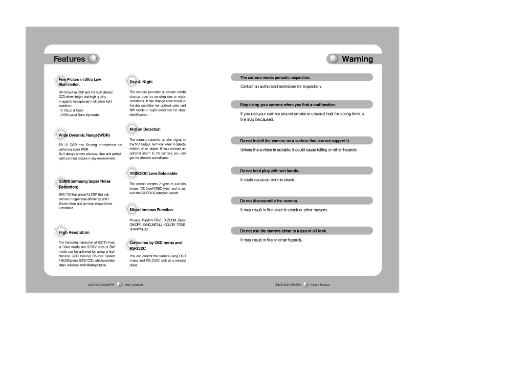 Samsung SHC-730N/P Day & Night, Camera needs periodic inspection, Stop using your camera when you find a malfunction 