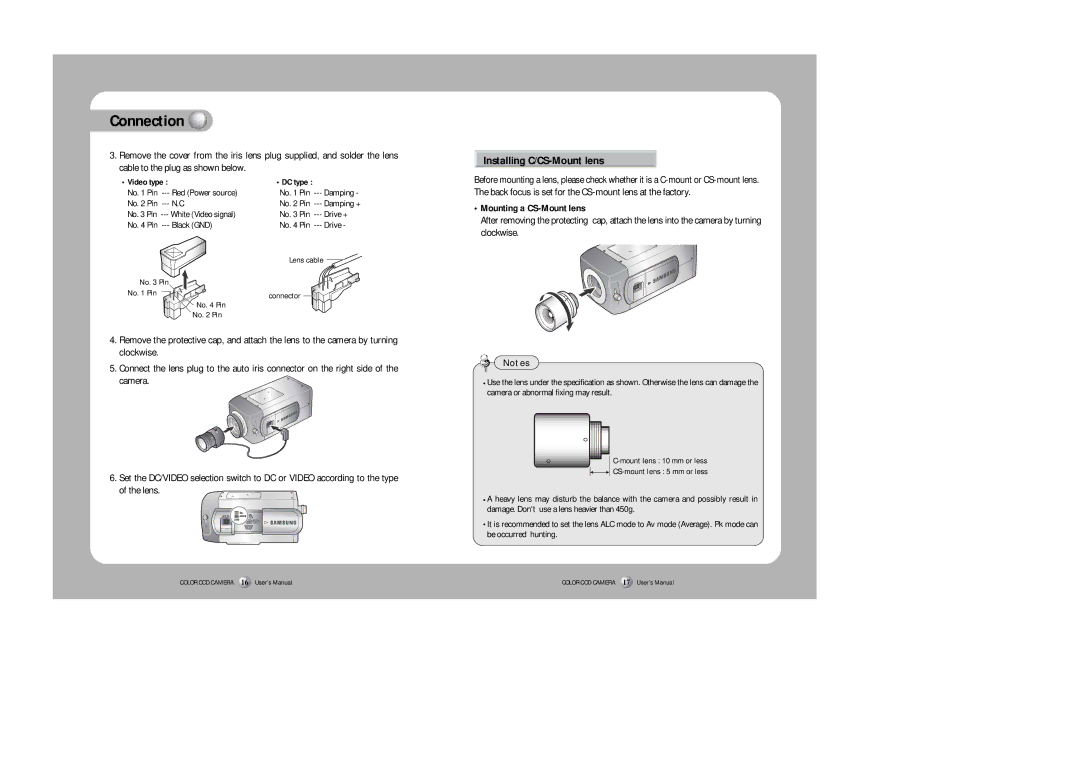 Samsung SHC-730N/P instruction manual Installing C/CS-Mount lens, Mounting a CS-Mount lens, Video type DC type 