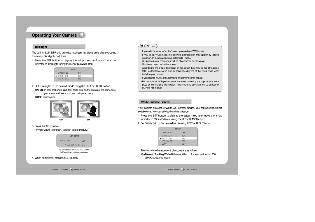 Samsung SHC-730N/P instruction manual Backlight, White Balance Control 