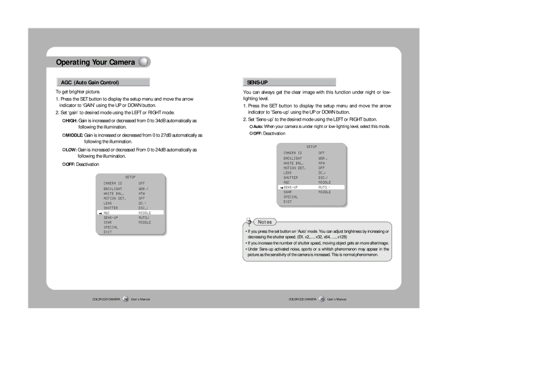 Samsung SHC-730N/P instruction manual AGC Auto Gain Control, To get brighter picture 