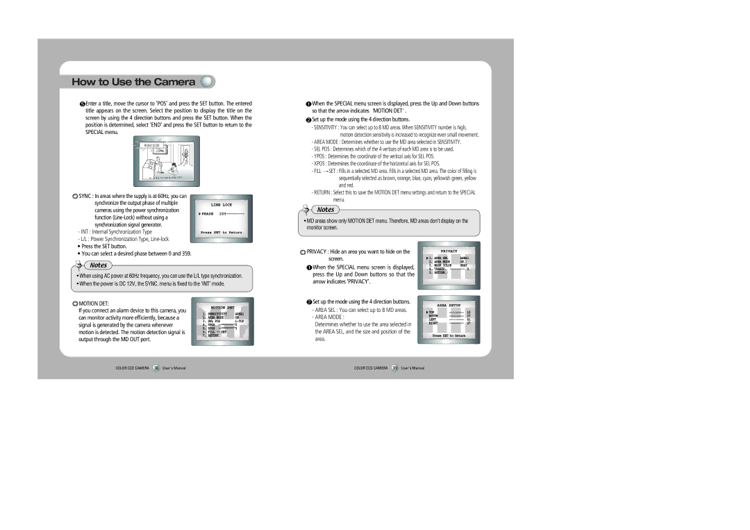 Samsung SHC-735 user manual Motion DET, Privacy Hide an area you want to hide on the screen 