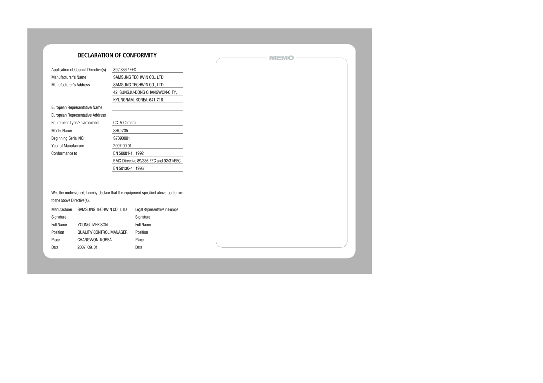 Samsung SHC-735 user manual Declaration of Conformity 