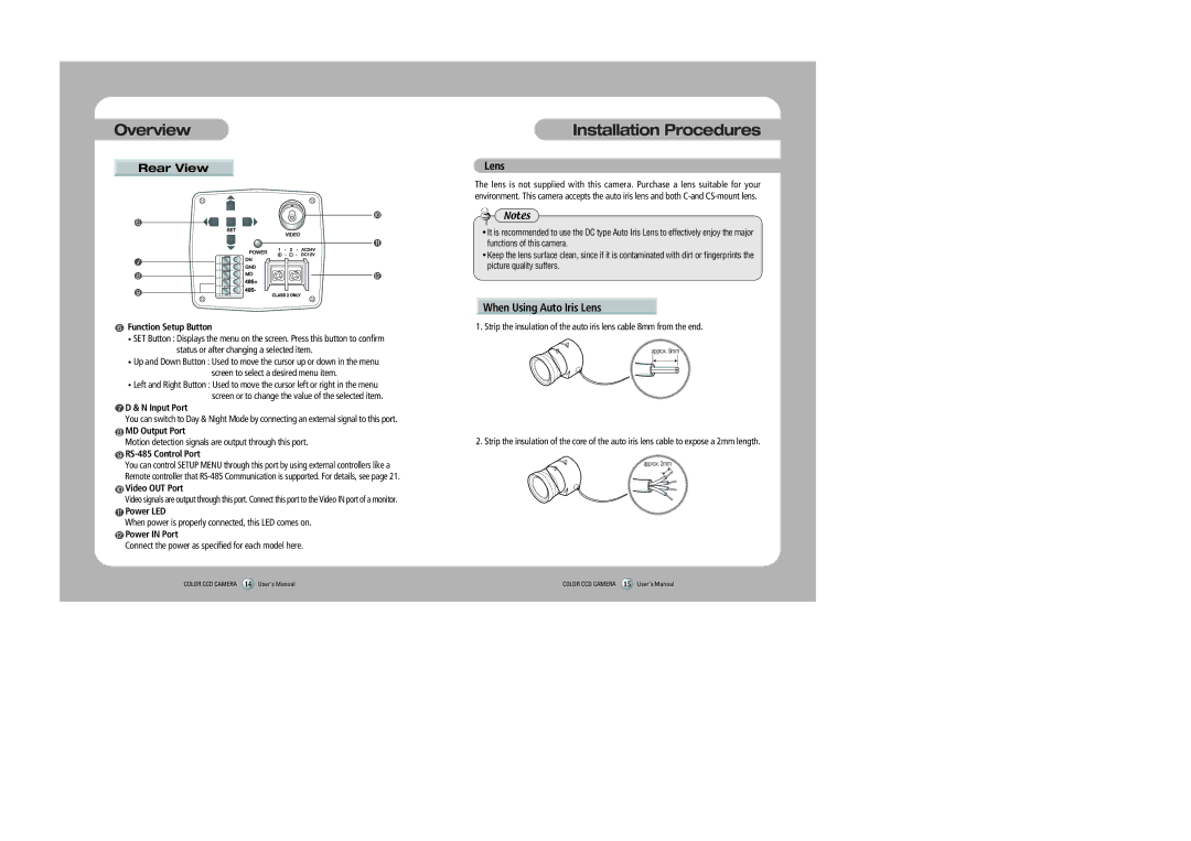 Samsung SHC-735 user manual Installation Procedures, Rear View, When Using Auto Iris Lens 