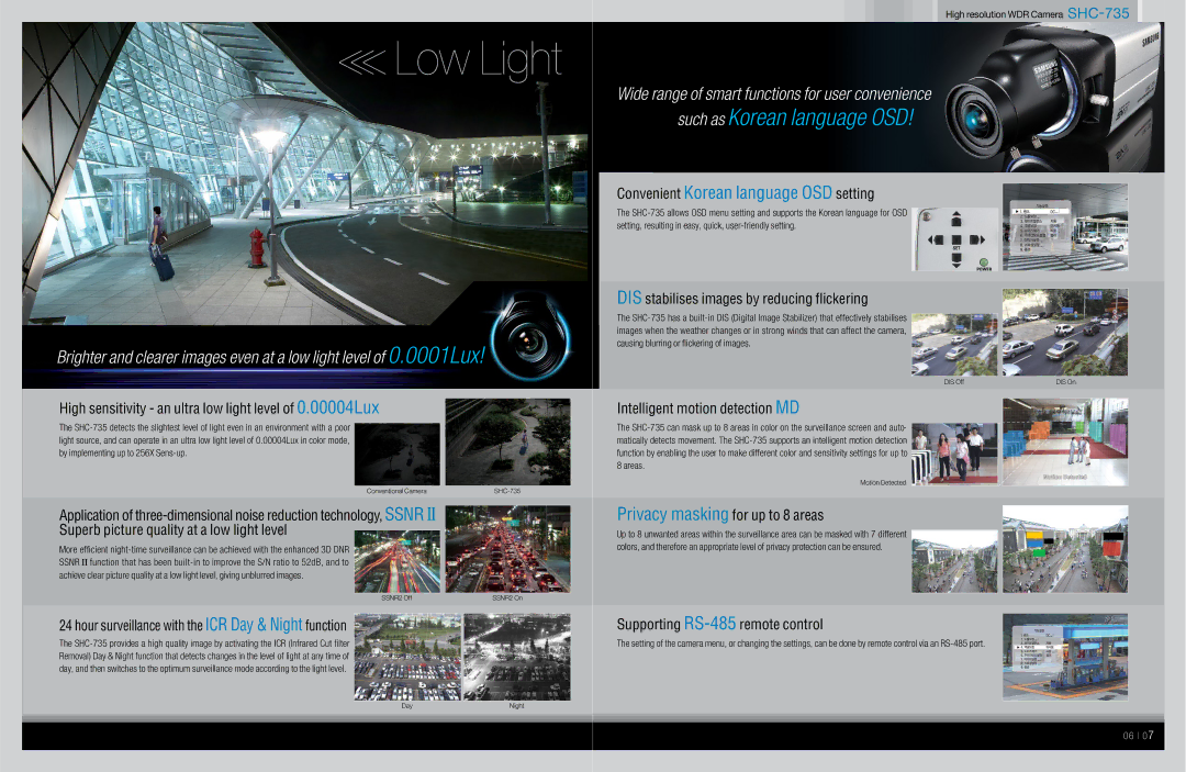 Samsung SHC-735P High sensitivity an ultra low light level of 0.00004Lux, DIS stabilises images by reducing flickering 