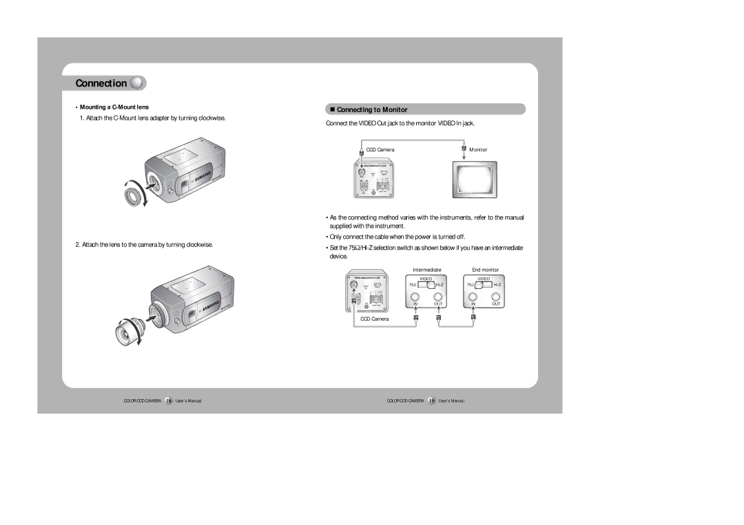 Samsung SHC-740N/P instruction manual Connecting to Monitor, Mounting a C-Mount lens 