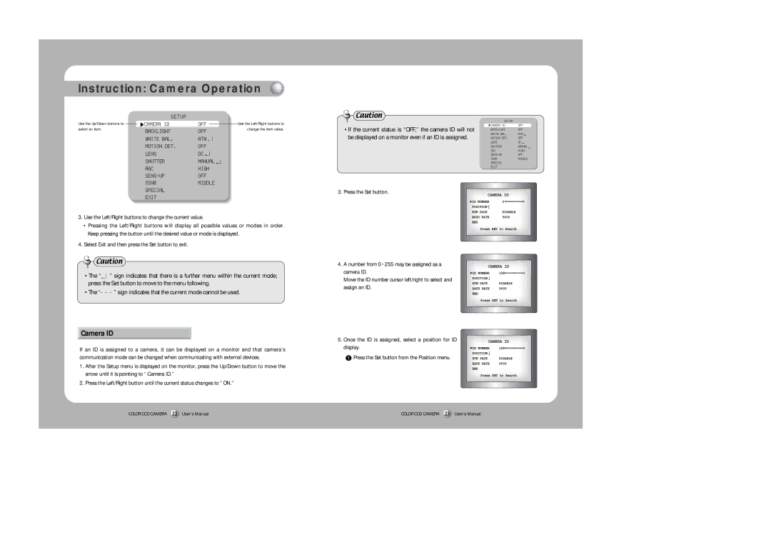 Samsung SHC-750 user manual Camera ID, Use the Left/Right buttons to change the current value, Press the Set button 