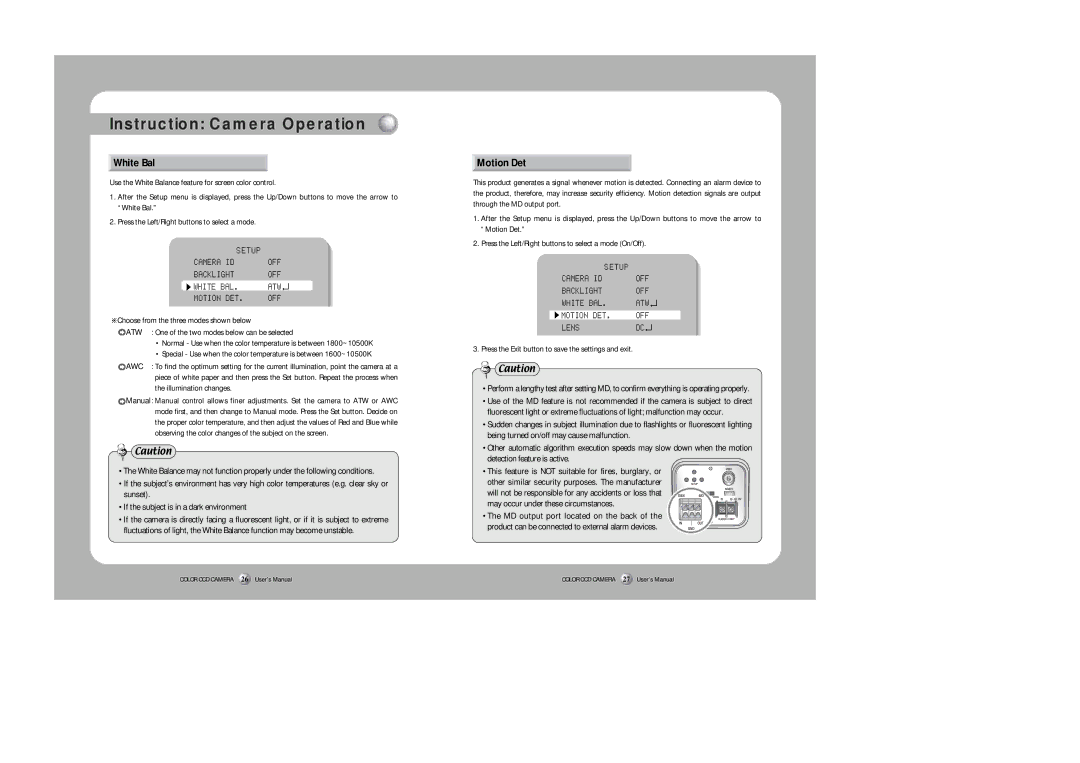 Samsung SHC-750 user manual White Bal, Motion Det 