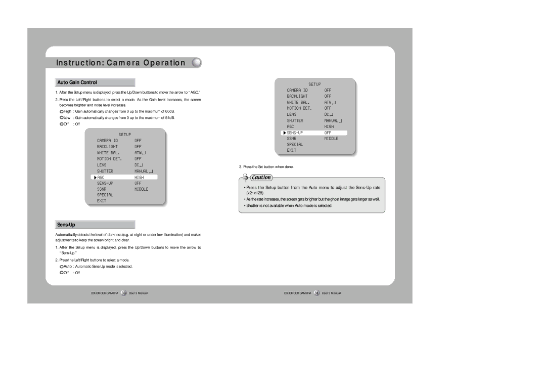 Samsung SHC-750 user manual Auto Gain Control, Sens-Up 