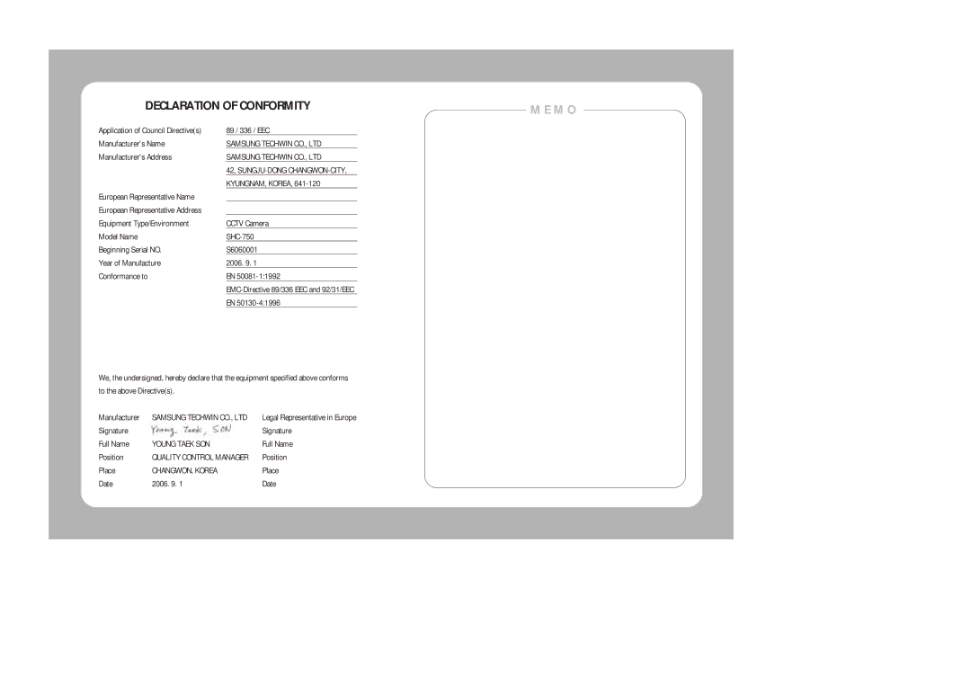 Samsung SHC-750 user manual Memo 