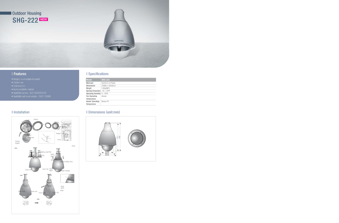 Samsung dimensions SHG-222 NEW, Features, Specifications, Dimensions unitmm, Installation 