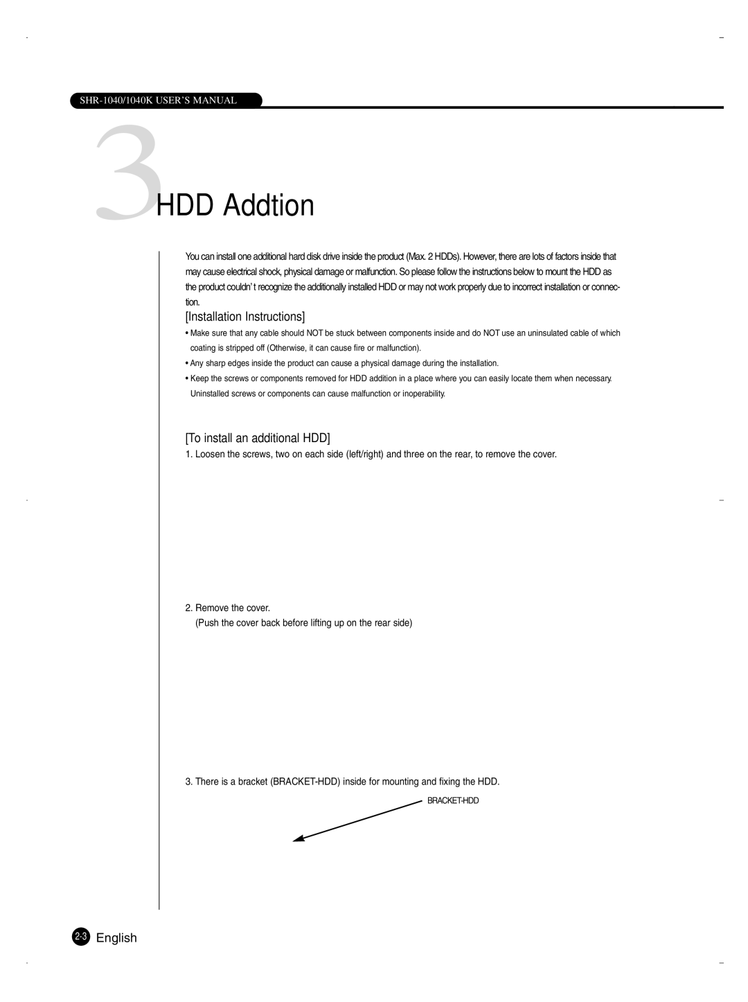 Samsung SHR-1040K user manual 3HDD Addtion, Installation Instructions 