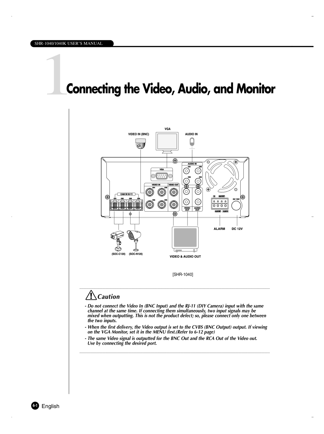 Samsung SHR-1040K user manual 1Connecting the Video, Audio, and Monitor 