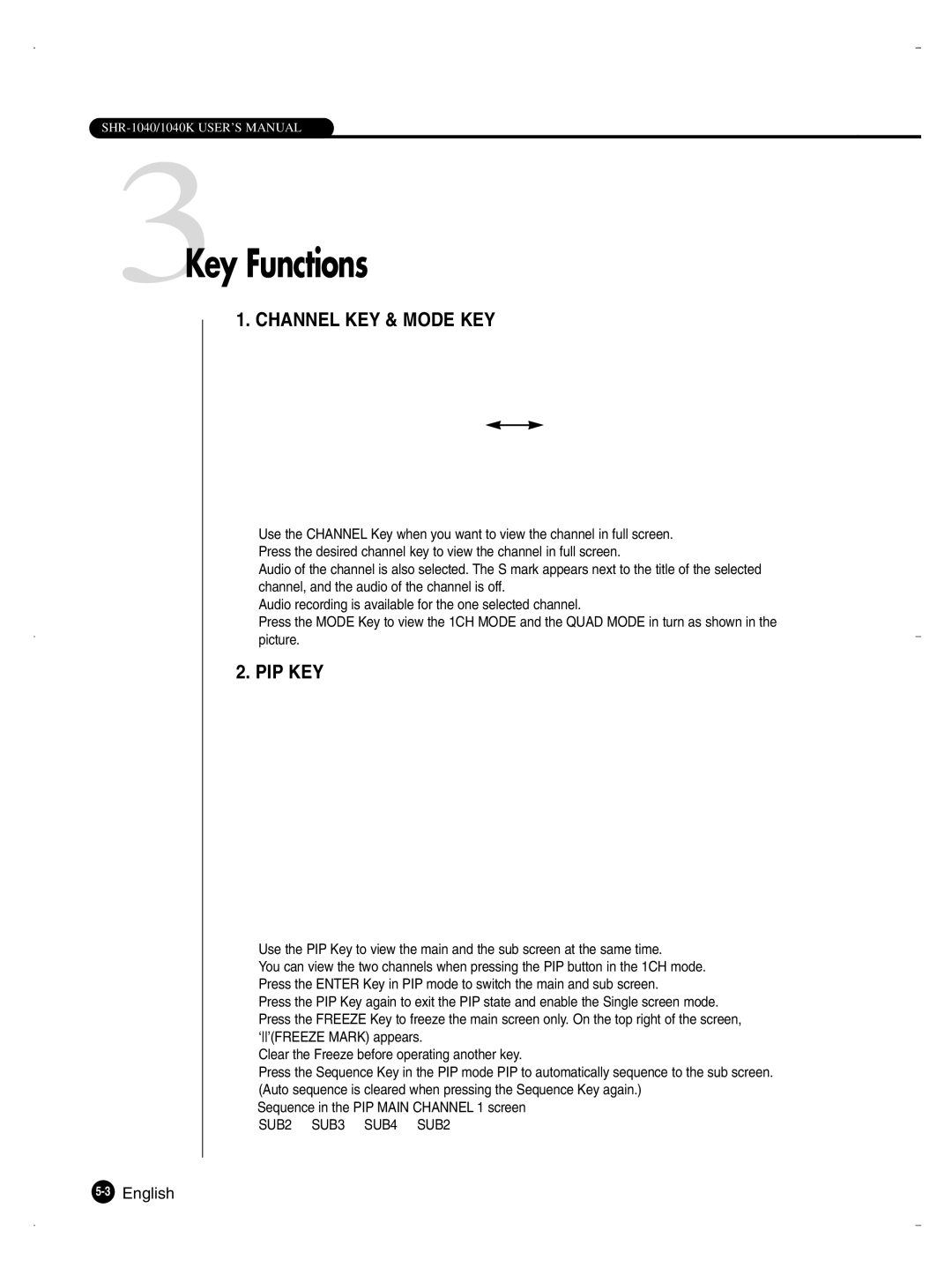 Samsung SHR-1040K user manual 3Key Functions, Channel KEY & Mode KEY 