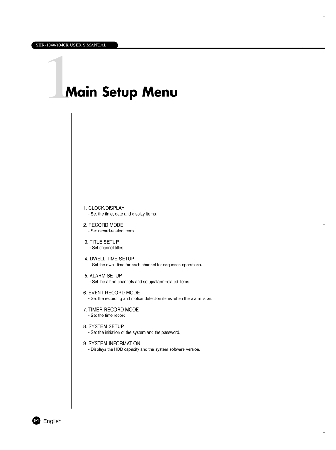 Samsung SHR-1040K user manual 1Main Setup Menu 